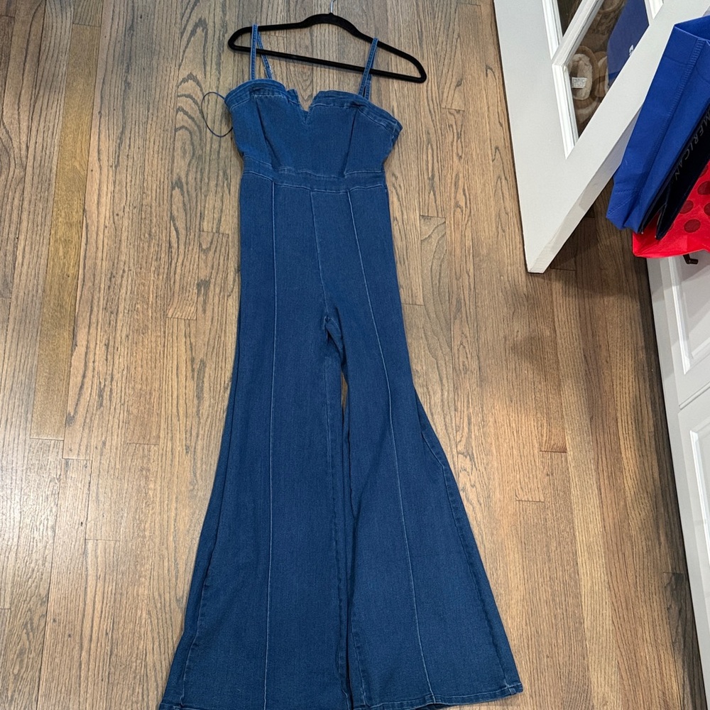 Flying Tomato Dark Blue Denim Strapless Jumpsuit